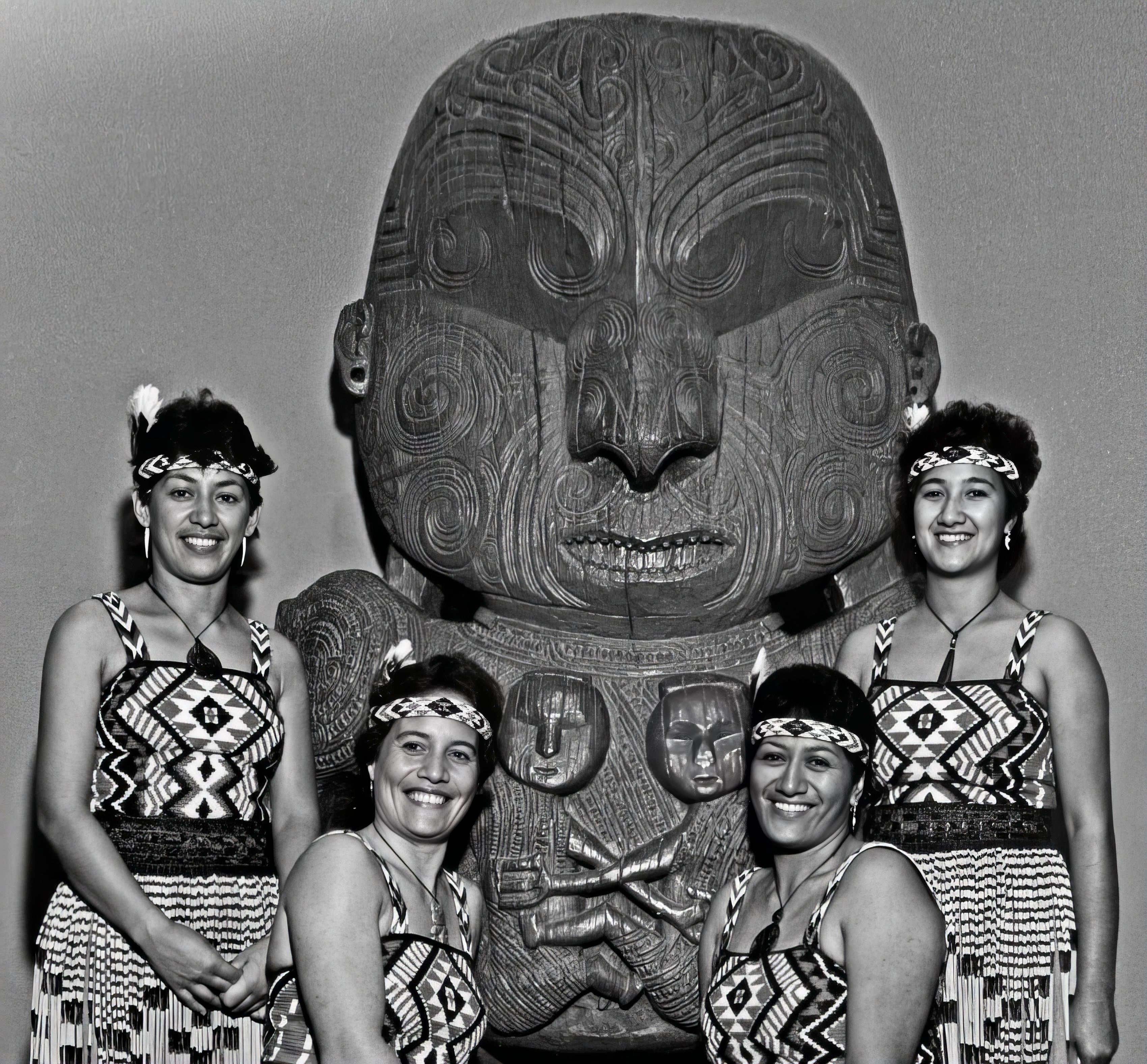 maori women performers in front of ancient maori carving